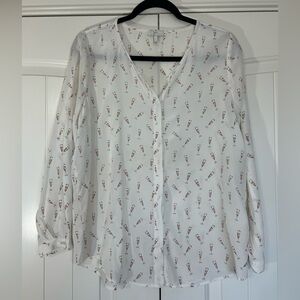 Joie White Sheer Blouse with Champagne Glasses Print. Size Large.